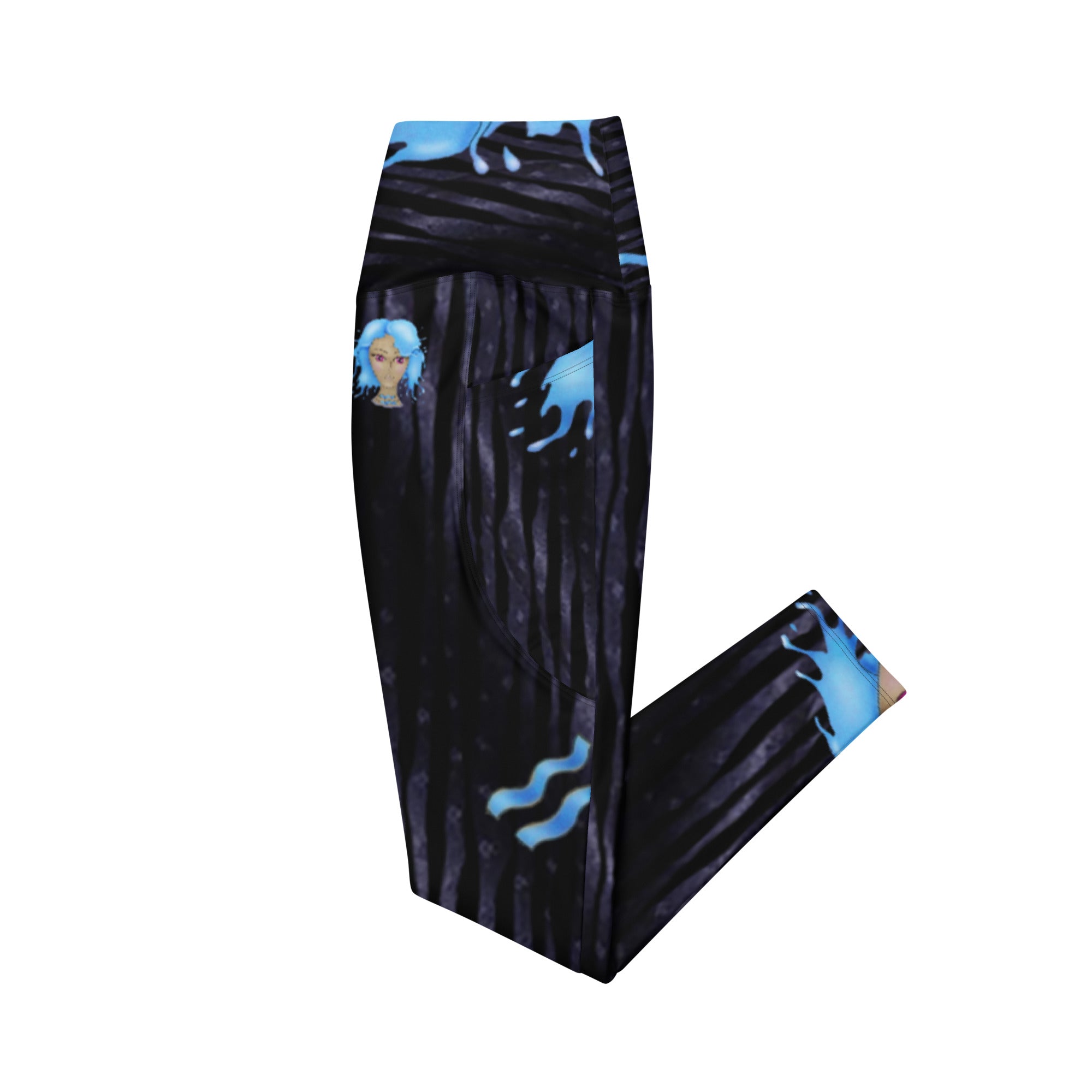 Gym Leggings with Pockets for Aquarius Girls. Zodiac Yoga Pants- Cosmic Aqua by WickedYo.